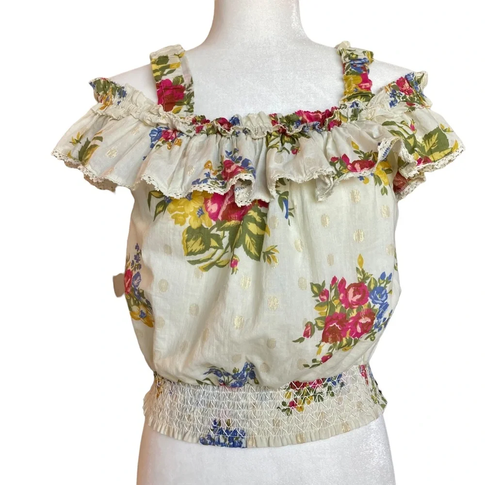 NWOT House of Harlow Off-the-Shoulder Smocked ruffle floral blouse-Sz M - Picture 3 of 11